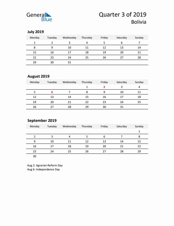 2019 Q3 Three-Month Calendar for Bolivia