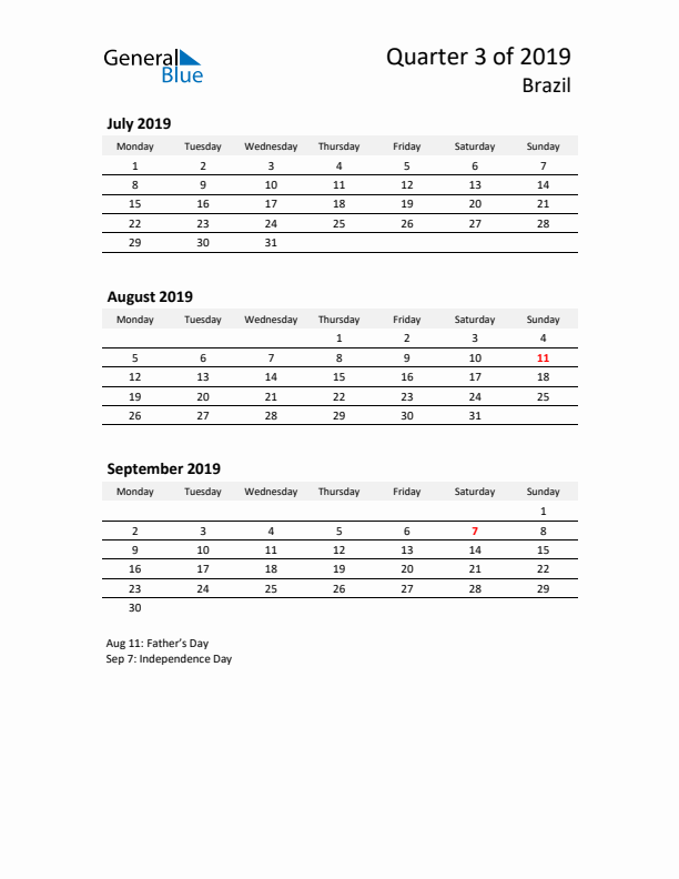 2019 Q3 Three-Month Calendar for Brazil