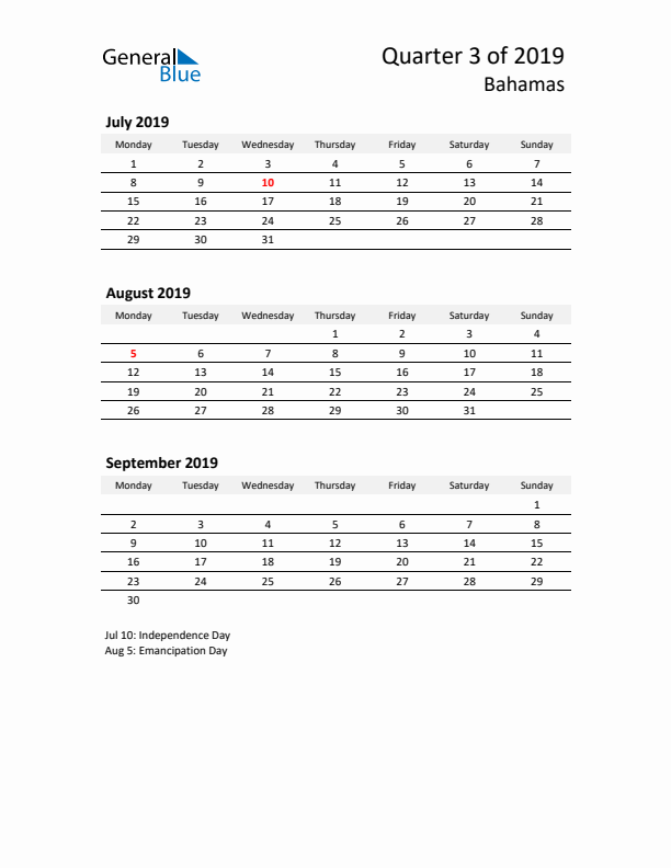 2019 Q3 Three-Month Calendar for Bahamas