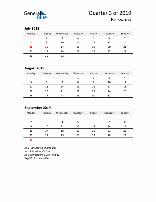 2019 Q3 Three-Month Calendar for Botswana