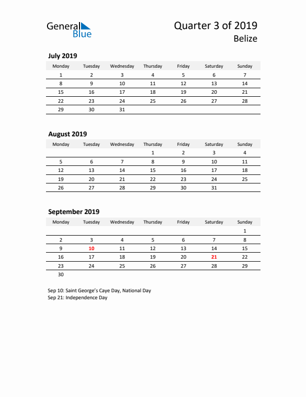 2019 Q3 Three-Month Calendar for Belize