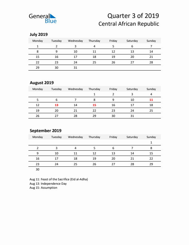 2019 Q3 Three-Month Calendar for Central African Republic