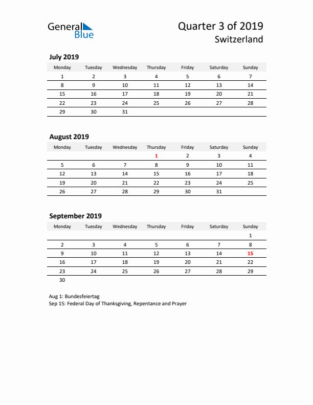 2019 Q3 Three-Month Calendar for Switzerland