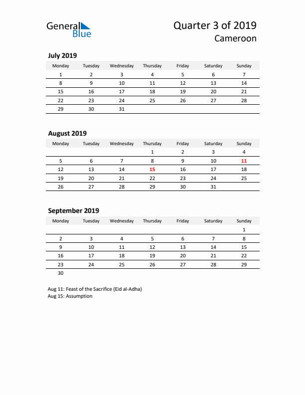 2019 Q3 Three-Month Calendar for Cameroon