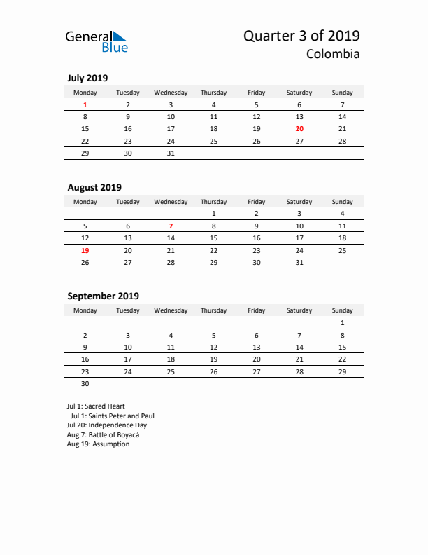 2019 Q3 Three-Month Calendar for Colombia