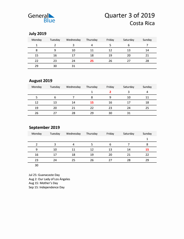 2019 Q3 Three-Month Calendar for Costa Rica