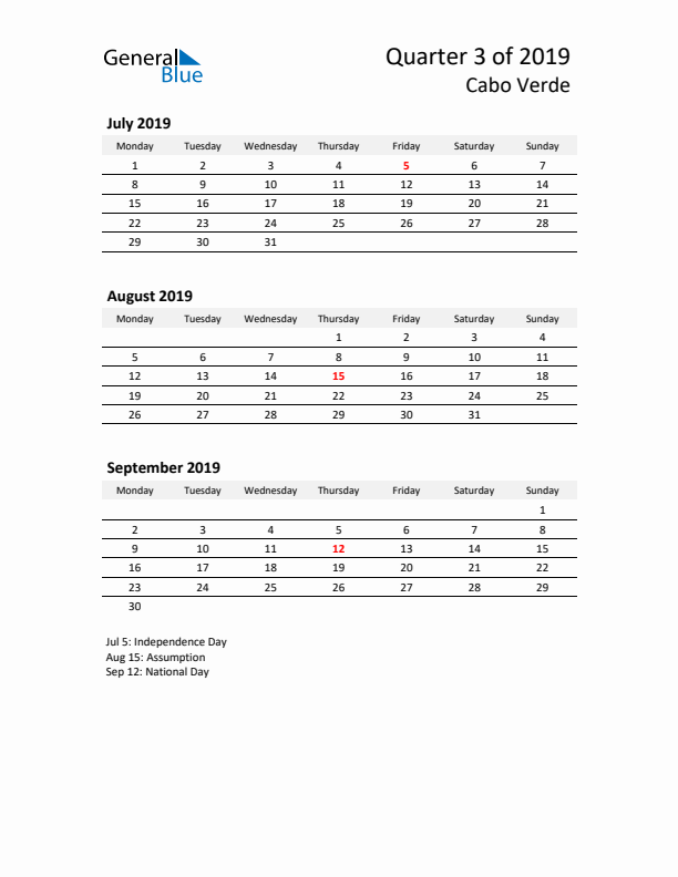 2019 Q3 Three-Month Calendar for Cabo Verde