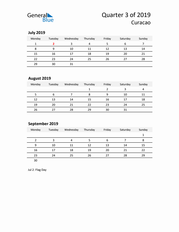 2019 Q3 Three-Month Calendar for Curacao