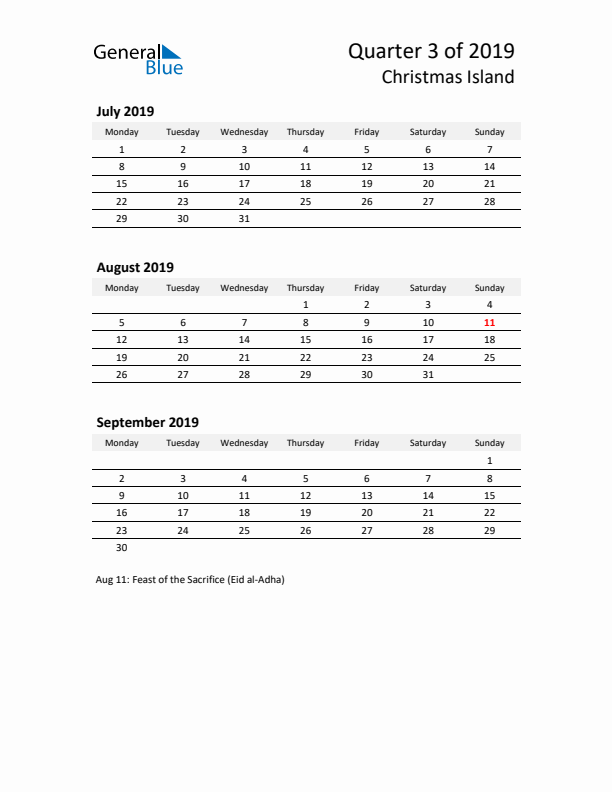 2019 Q3 Three-Month Calendar for Christmas Island