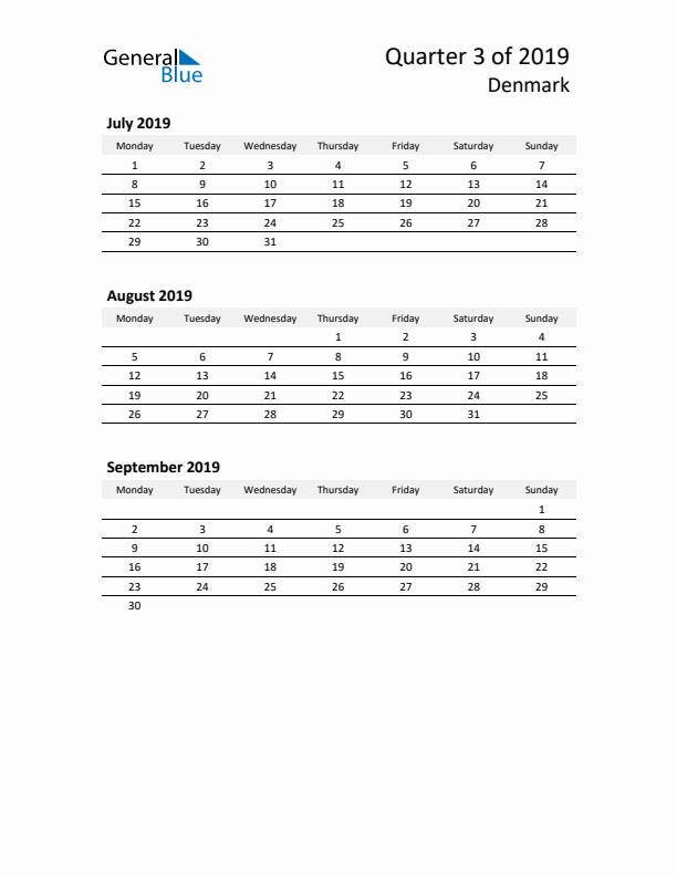 2019 Q3 Three-Month Calendar for Denmark