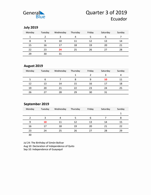 2019 Q3 Three-Month Calendar for Ecuador