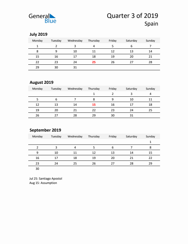 2019 Q3 Three-Month Calendar for Spain