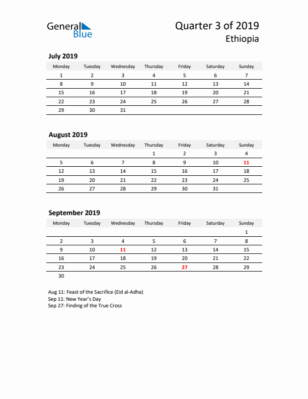 2019 Q3 Three-Month Calendar for Ethiopia