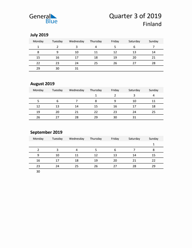 2019 Q3 Three-Month Calendar for Finland