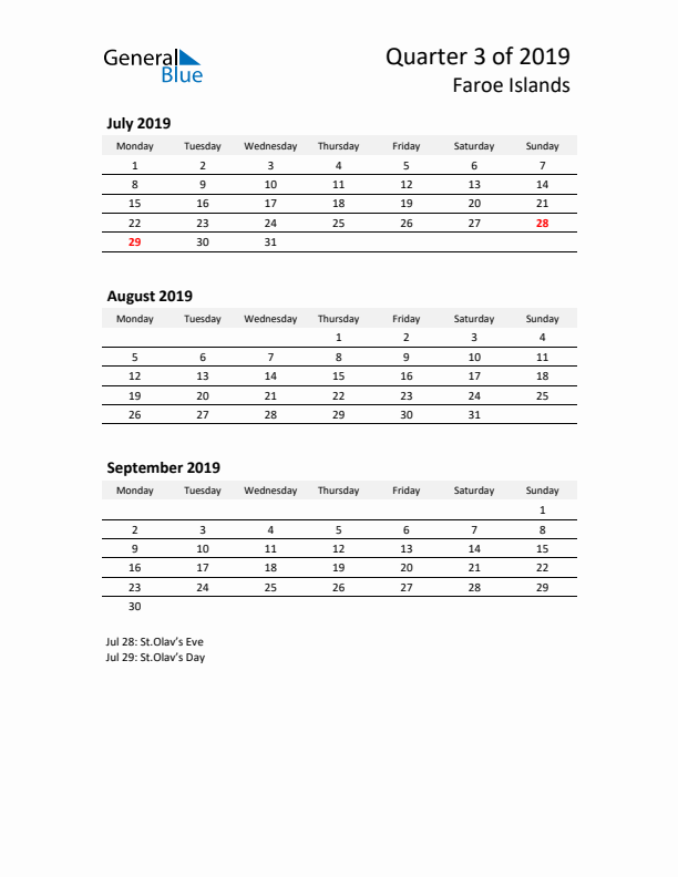 2019 Q3 Three-Month Calendar for Faroe Islands