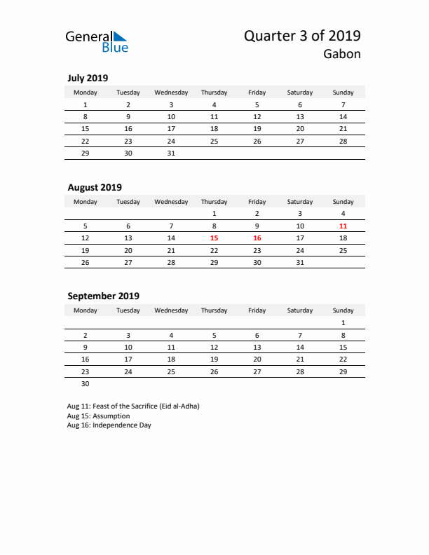 2019 Q3 Three-Month Calendar for Gabon