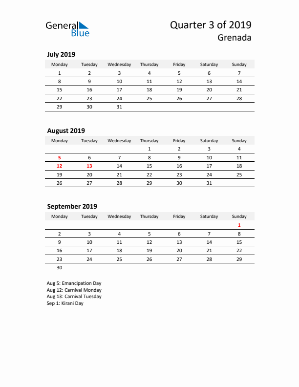 2019 Q3 Three-Month Calendar for Grenada