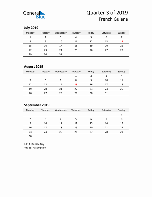 2019 Q3 Three-Month Calendar for French Guiana