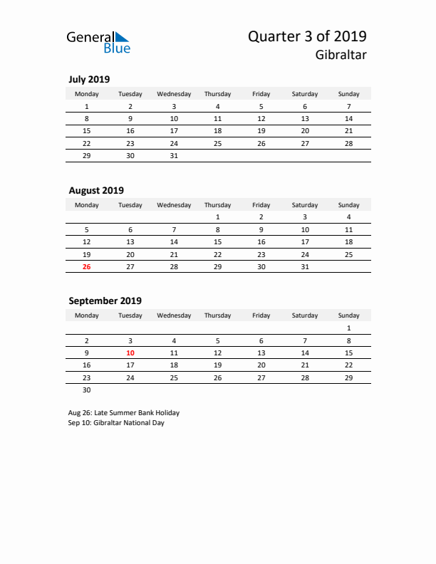 2019 Q3 Three-Month Calendar for Gibraltar