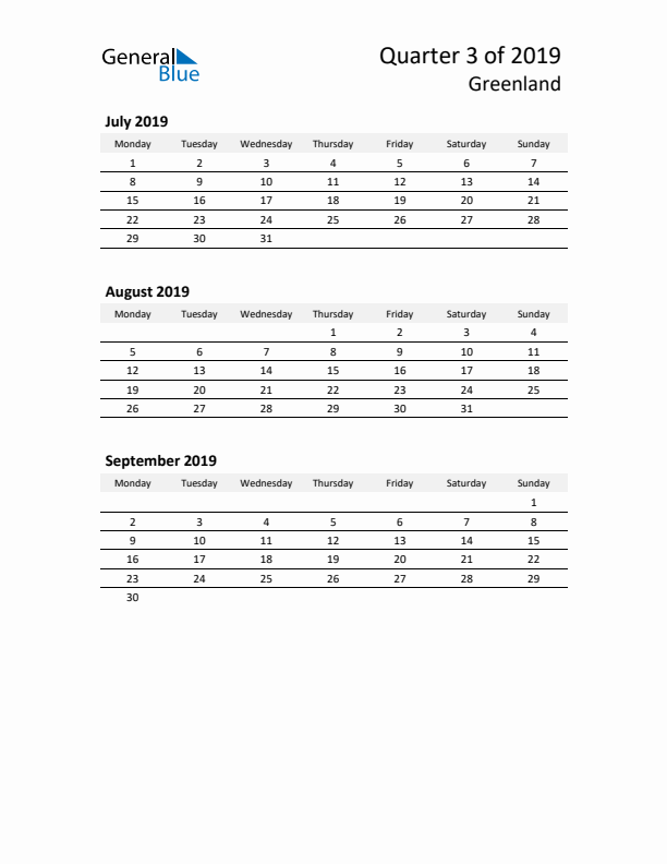 2019 Q3 Three-Month Calendar for Greenland