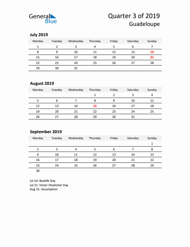 2019 Q3 Three-Month Calendar for Guadeloupe