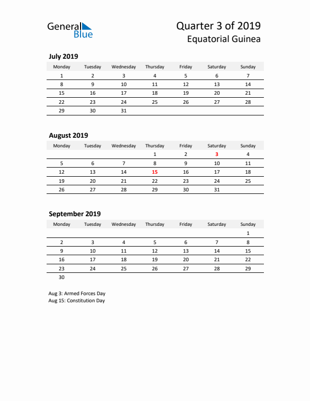 2019 Q3 Three-Month Calendar for Equatorial Guinea