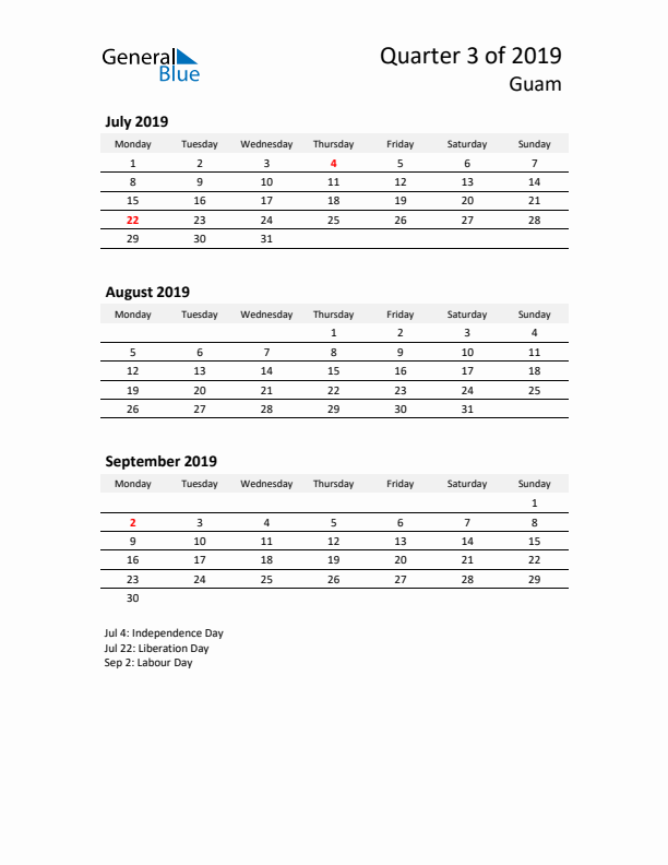 2019 Q3 Three-Month Calendar for Guam