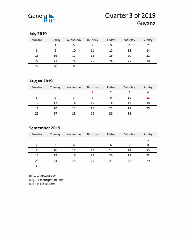 2019 Q3 Three-Month Calendar for Guyana