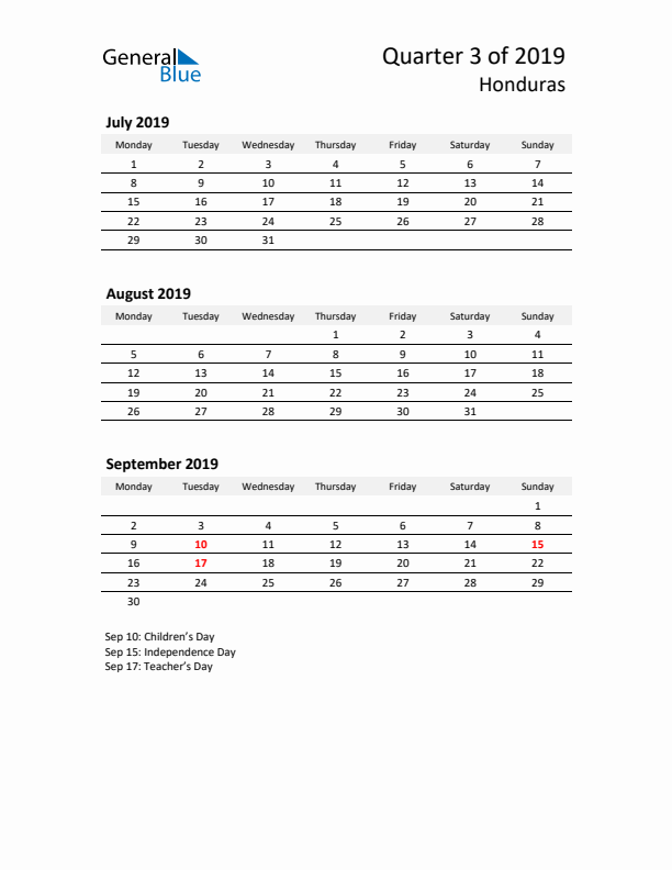 2019 Q3 Three-Month Calendar for Honduras