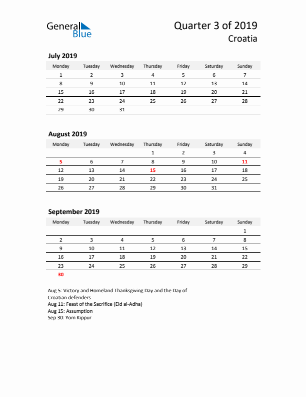 2019 Q3 Three-Month Calendar for Croatia