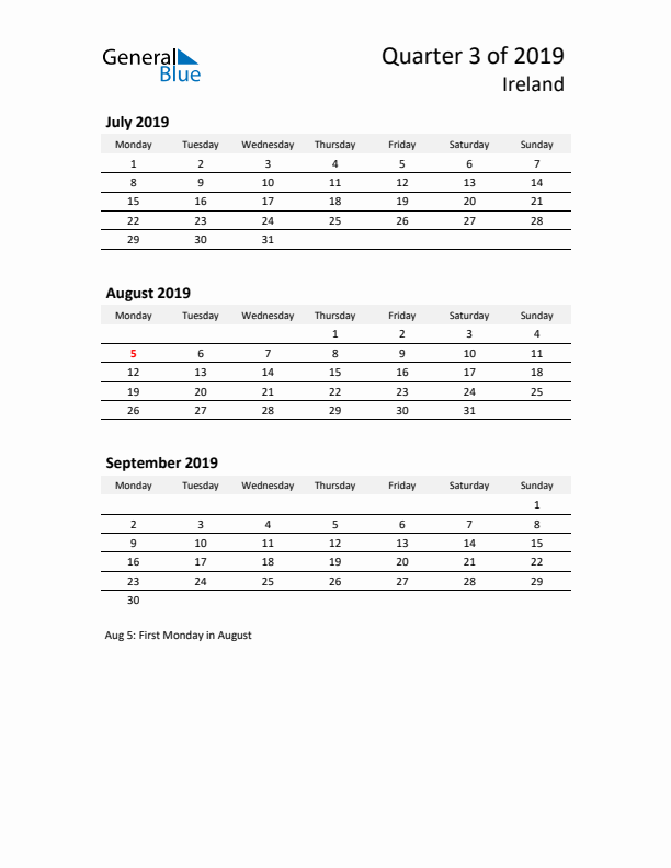 2019 Q3 Three-Month Calendar for Ireland