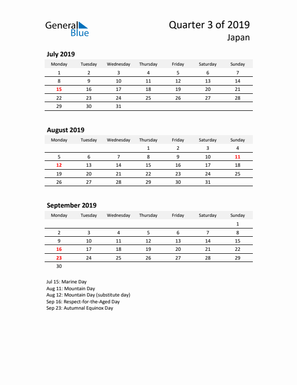 2019 Q3 Three-Month Calendar for Japan