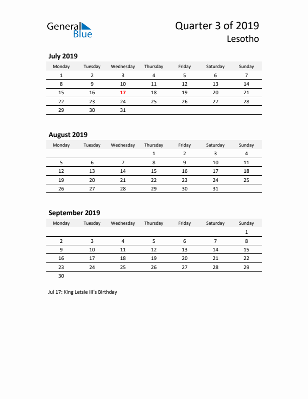 2019 Q3 Three-Month Calendar for Lesotho