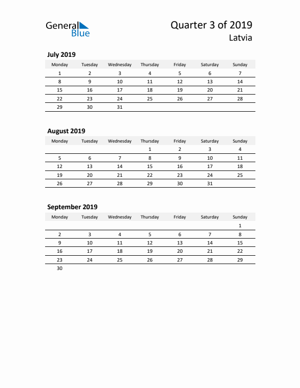 2019 Q3 Three-Month Calendar for Latvia