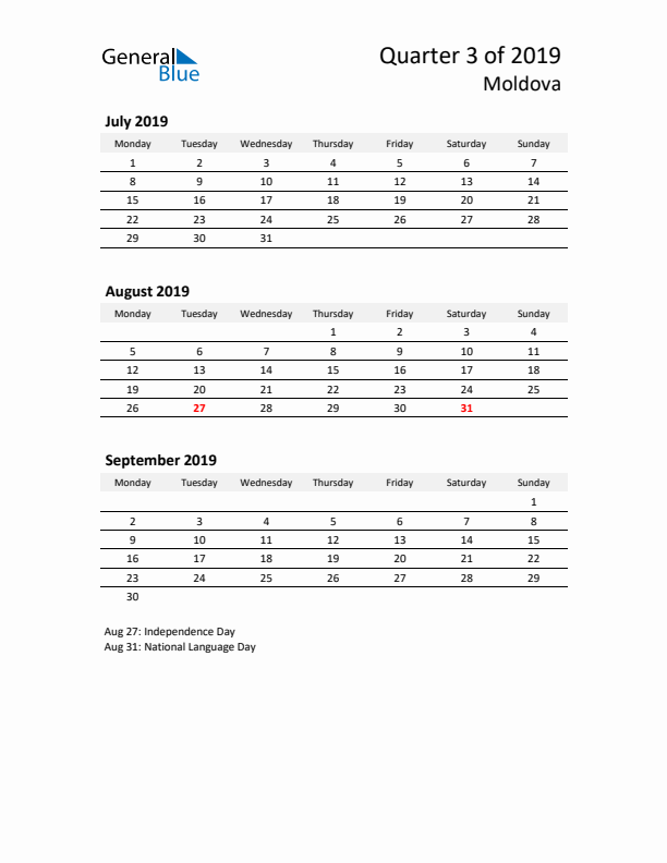 2019 Q3 Three-Month Calendar for Moldova