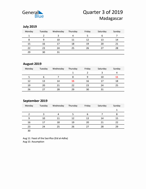 2019 Q3 Three-Month Calendar for Madagascar