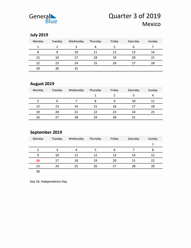 2019 Q3 Three-Month Calendar for Mexico