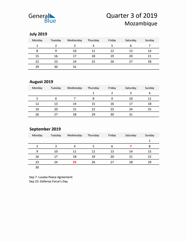 2019 Q3 Three-Month Calendar for Mozambique