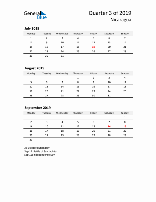 2019 Q3 Three-Month Calendar for Nicaragua