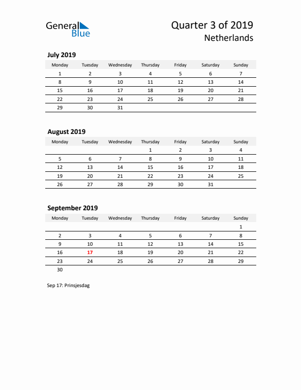 2019 Q3 Three-Month Calendar for The Netherlands