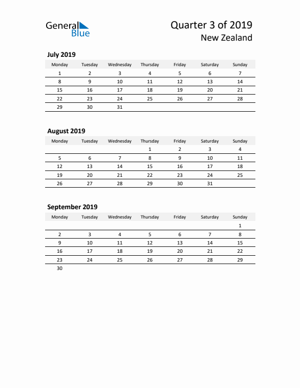 2019 Q3 Three-Month Calendar for New Zealand