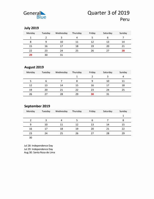 2019 Q3 Three-Month Calendar for Peru