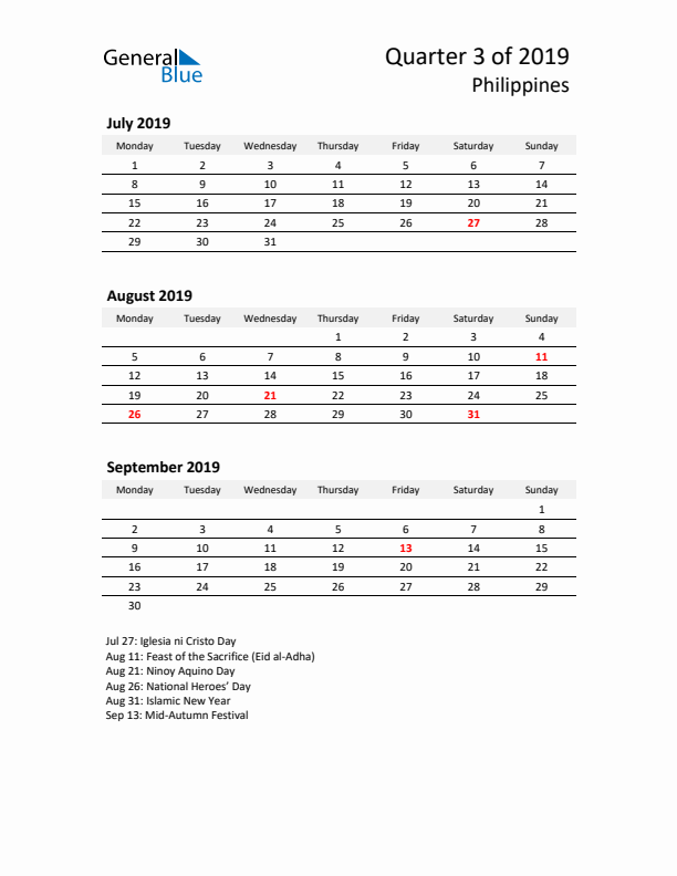 2019 Q3 Three-Month Calendar for Philippines