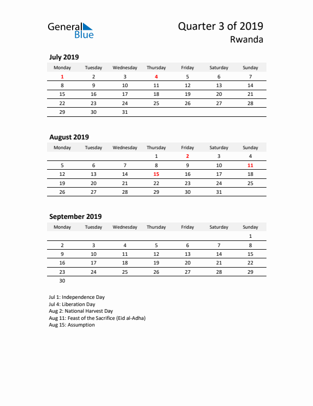 2019 Q3 Three-Month Calendar for Rwanda