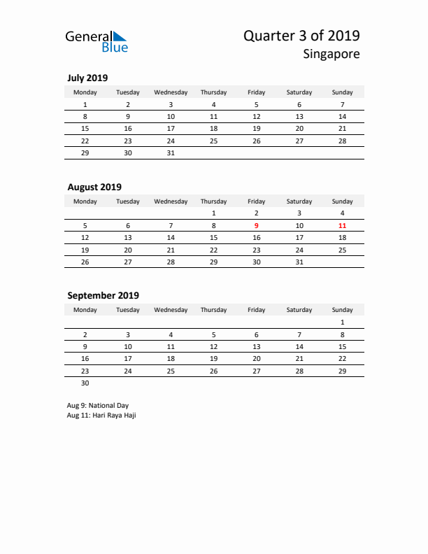 2019 Q3 Three-Month Calendar for Singapore