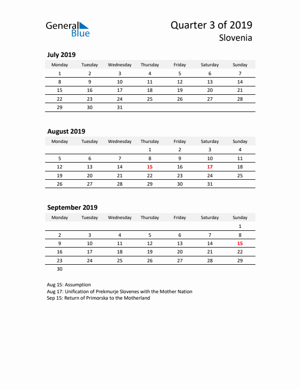 2019 Q3 Three-Month Calendar for Slovenia