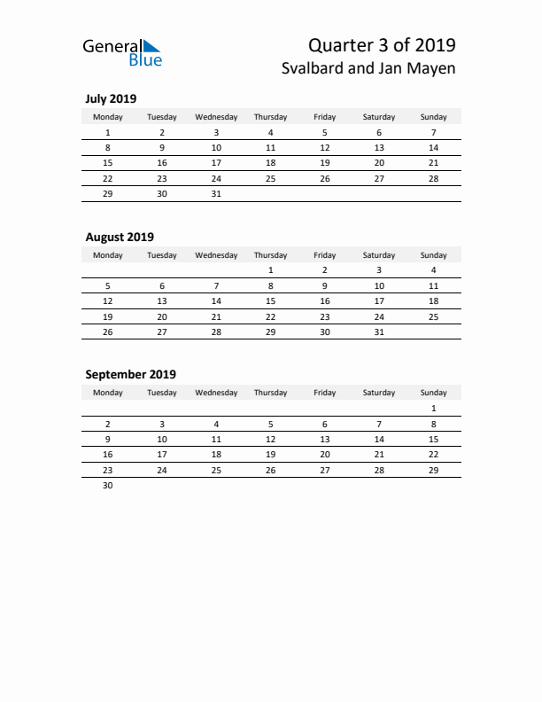 2019 Q3 Three-Month Calendar for Svalbard and Jan Mayen