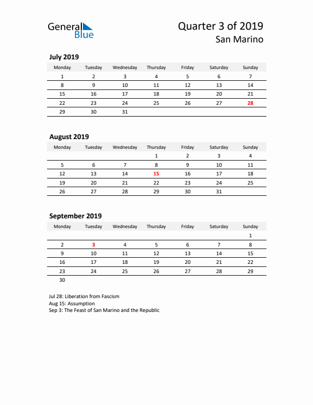 2019 Q3 Three-Month Calendar for San Marino