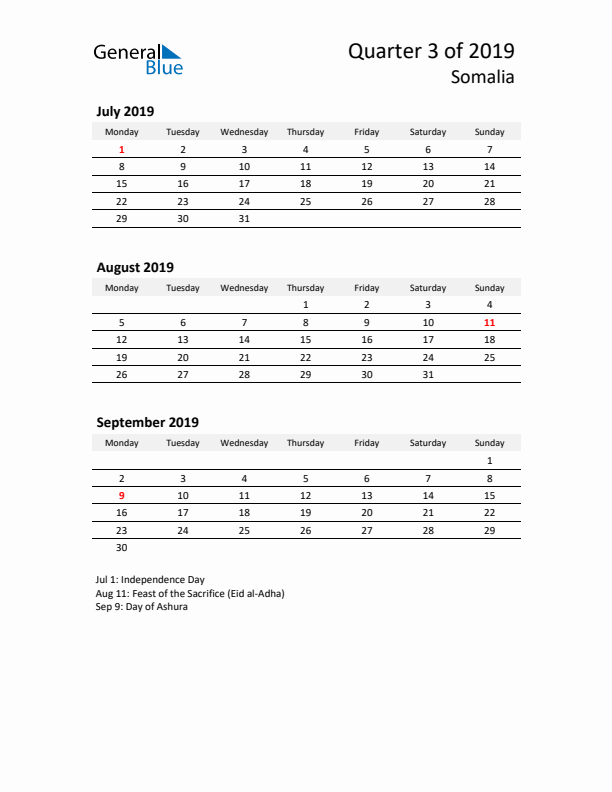 2019 Q3 Three-Month Calendar for Somalia