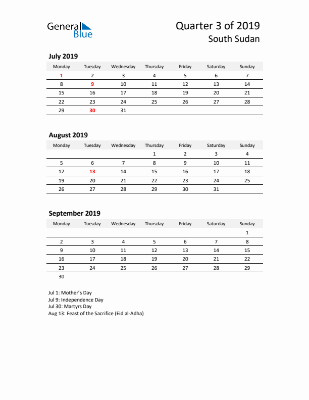 2019 Q3 Three-Month Calendar for South Sudan